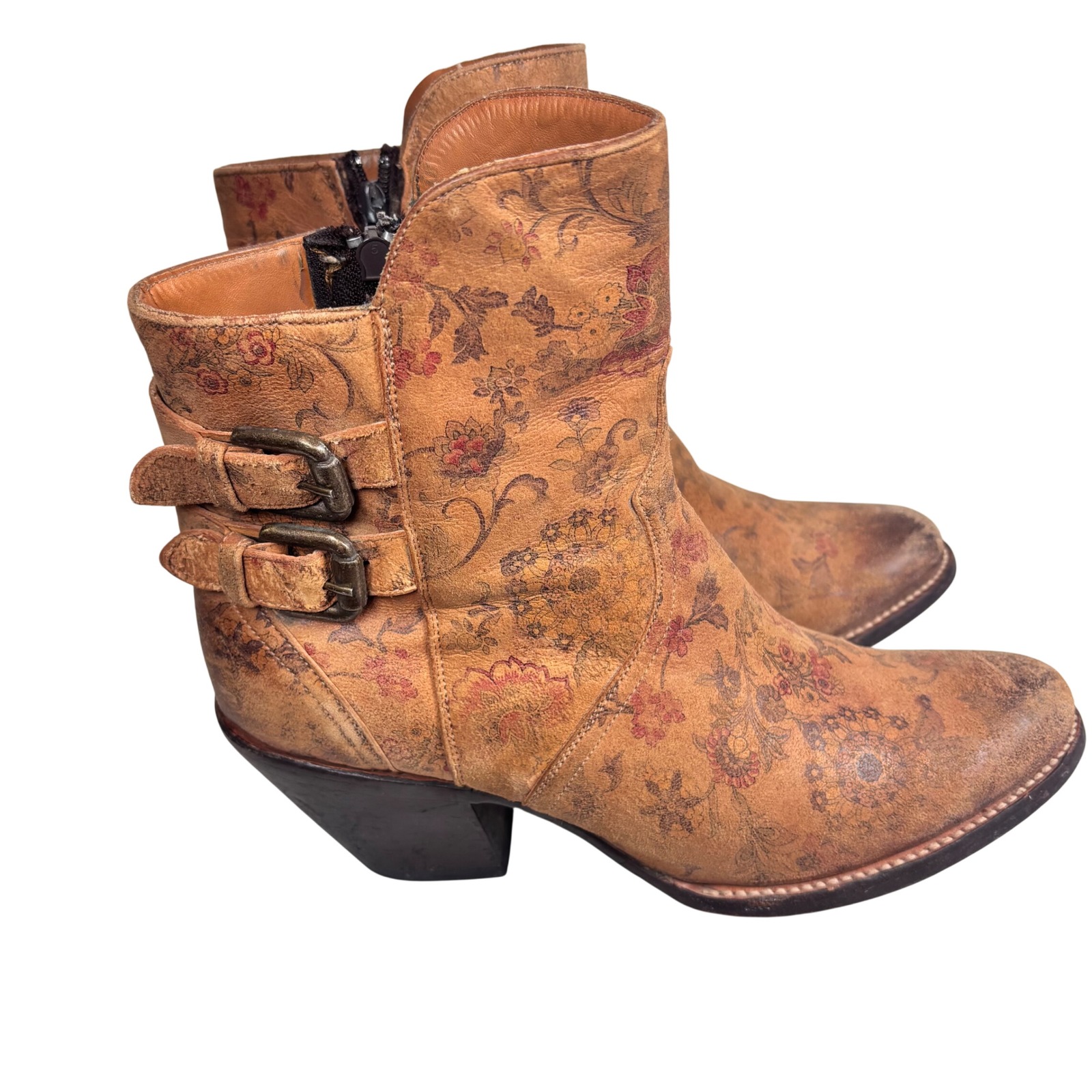 Lucchese Ankle Boots Brown Boho Floral Leather Buckles Western Festival Sz 9